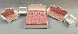 Vintage Lundby Dollhouse Furniture Bed Chair Sofa Tables White Wood & Cloth Euc