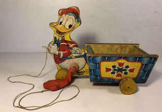 Vintage Fisher Price Walt Disney Donald Duck Flower Cart Pull Toy Wood 605