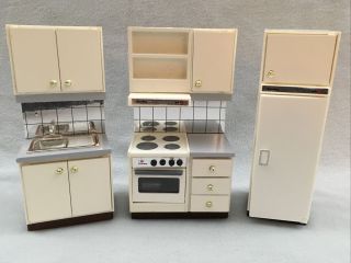Vintage Lundby Dollhouse Furniture White Kitchen Appliances Cabinets Sink Euc
