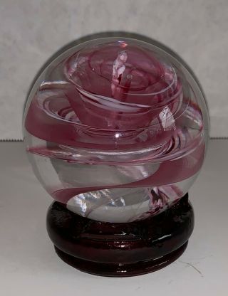 Vintage 3 " Round Shaped Clear Glass Paperweight With Pink And White Swirls