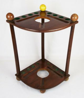Vintage Wood Corner Billiard Pool Cue Rack 8 Stick Holder Oak Finish