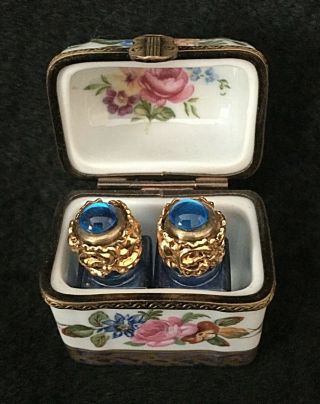 Vintage Limoges France Trinket Box With 2 Blue Perfume Bottle That Comes Out