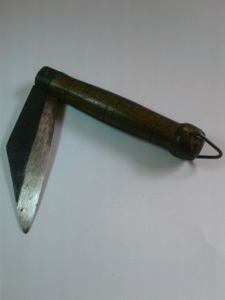 Old Vintage Agricultural Knife Hand Made In Greece (wooden Handle Steel Blade)