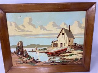 Vintage Paint By Number Pbn Water Canoe 1950s Framed Picture