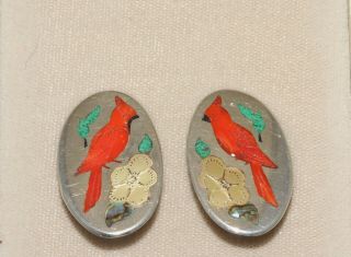 Vtg Zuni Henry & Linda Barber Sterling Inlay Stone Cardinal Flower Clip Earrings