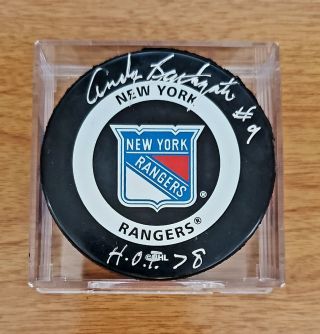 Andy Bathgate Signed Auto Ny Rangers Puck W/ Hof 78 Inscription Classic