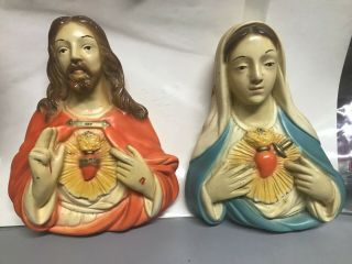 Vintage Jesus Sacred Heart Virgin Mary Madonna Chalkware Plaster Wall Decor 8 "