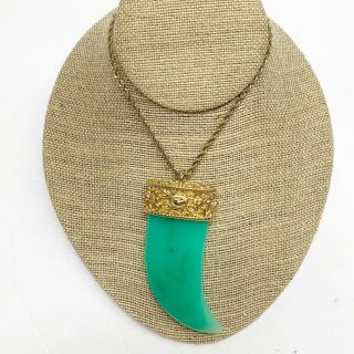 Vintage Kenneth Lane Gold Tone Faux Jade Tooth Tusk Large Pendant Necklace