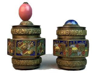 2 Vintage Chinese Tobacco Tea Jar Brass Enamel Peking Glass Box