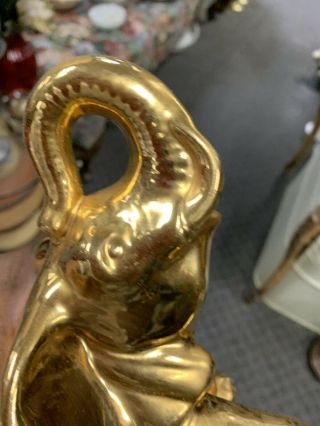 Vintage Gold Ceramic Elephant Planter Trunk Up For Good Luck Mid Century Modern