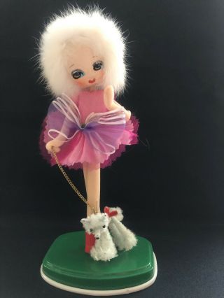 Vintage Mod Big Eye Doll W/chenille Dog On Chain 8 " Tall 1960s Japan Vtg