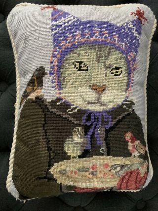 Cute Vintage Needlepoint Throw Pillow Cat With A Birds 15 " X 11” Wool Cotton