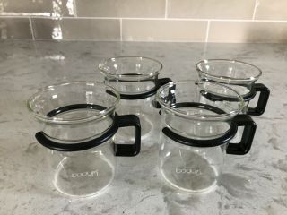 Vintage Bodum Black Handle Glass Mugs 8 Oz Coffee Bistro Set Of 4