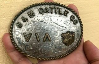 Vtg S & M Cattle Co.  Belt Buckle Western Nickel Silver Hand Engraved V \ A Ranch