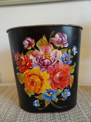 Vintage Harvell Hand Painted Metal Trash Can Hand Painted Roses