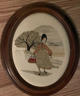 Vtg Cross Stitch Picture Of Young Amish Girl On 32 Count Linen Custom Oval Frame