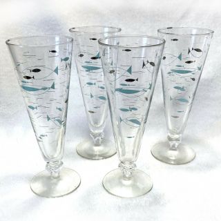 Set Of 4 Vintage Mid - Century Modern Libbey Atomic Fish Pilsner Glasses