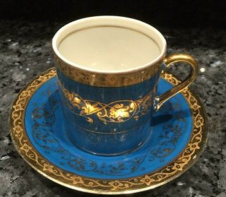 Vintage Arnart 5th Ave Hand Painted Blue/gold Demitasse Cup And Saucer 2055