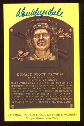 Signed Auto Hof Plaque Yellow Postcard Don Drysdale Los Angeles Dodgers C16
