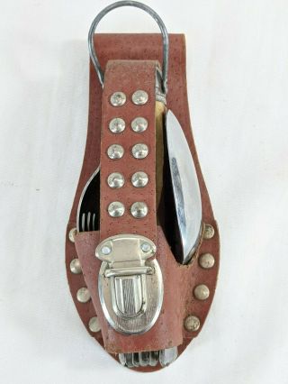 Vintage Stellar Multitool 11 Pocket Knife Fork Spoon With Leather Holster Japan