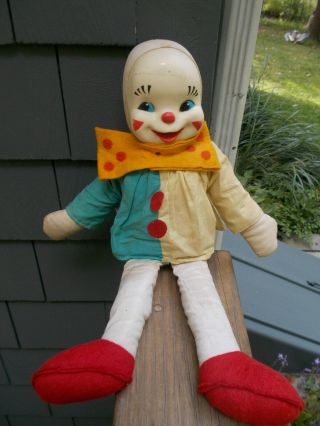Vintage Gund Clown Doll With Smiling Rubber Face Cloth,  Bow Tie,  17 Inches