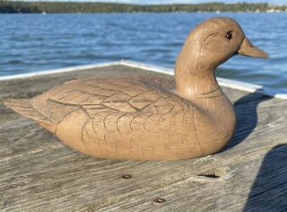 Hand Carved Wood Duck Decoy With Brown Glass Eyes - Made In Usa