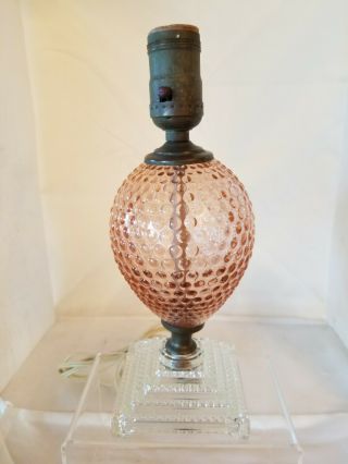 Vintage Pink Depression Glass Hobnail Dresser Lamp - Clear Base - - Rar