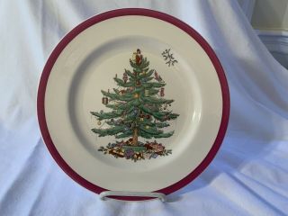 One Vintage Spode Christmas Tree 10 1/2” Dinner Plate (s) Magenta Trim