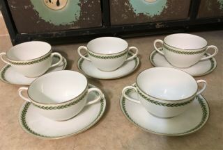 Vintage Cowell & Hubbard Two - Handled Bouillon Cups And Saucers Set Of 5