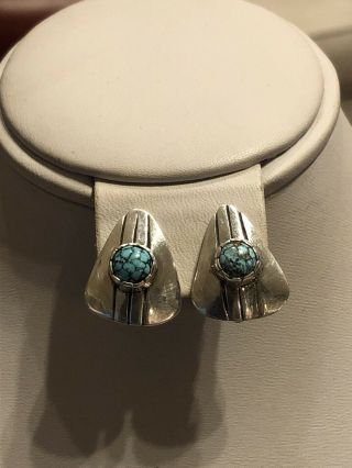 Vtg Signed Lp Navajo Type Design Sterling & Turquoise Clip On Earrings 1”x3/4”
