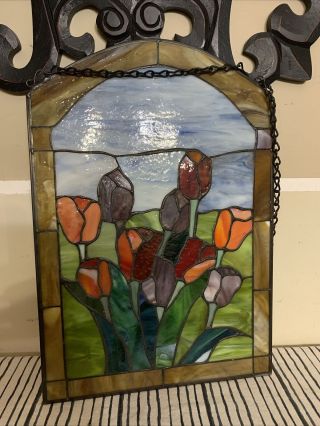 Vintage Leaded Tulip Stained Glass Tiffany Style Window Hanging Panel 11 " X 16 "
