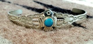 Vintage Navajo Fred Harvey Era Silver Thunderbird Cuff Bracelet Turquoise Stone