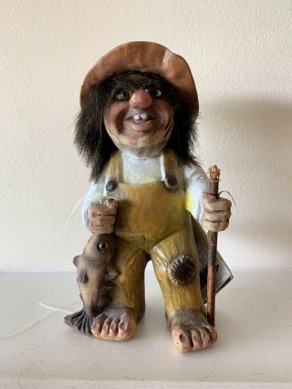 Vintage Nyform Old Troll In Floppy Hat W/ Fish Made In Norway Tags 7”