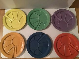 Vintage Hoffritz Set Of Six Vibrant Colored 9.  5 " Divided Fondue/sushi Plates.