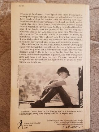 Cameron Crowe First Edition 1981 Fast Times At Ridgemont High A True Story PB 2