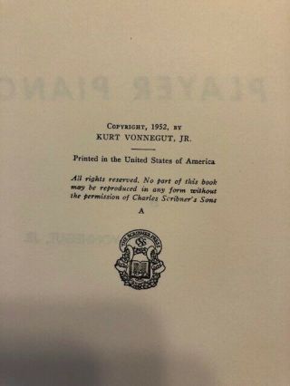 Player Piano By Kurt Vonnegut - 1952 1st Edition " A " With Seal - Scribner 
