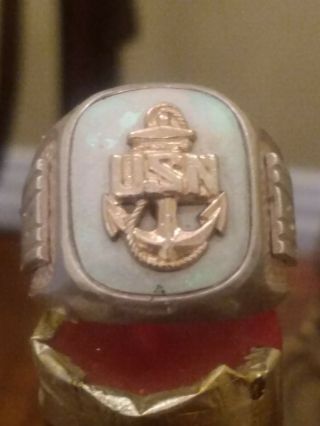 Vintage U.  S.  Navy Sterling Silver / Gold Filled Mother Of Pearl Ring 14.  3 Gr
