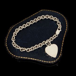 Vintage Designer Sterling 925 Silver Heart Charm Round Cable Link Chain Bracelet