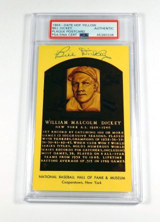 Bill Dickey Signed Yellow Hall Of Fame Plaque Postcard Psa/dna Auto Slabbed Da80
