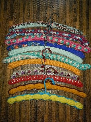 11 Vintage Decorative Wooden Clothes Hangers Multi Color Crochet Euc