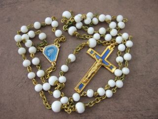 Vintage Catholic Rosary Blue Enamel Crucifix & Virgin Mary Center Medal