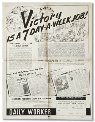 [daily Worker] Lithographed Poster: Victory Is A 7 Day - A - Week Job 1944 Vg,