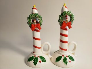 Vintage Lipper Mann Christmas Candlestick Figurines With Wreath Candle Rings.