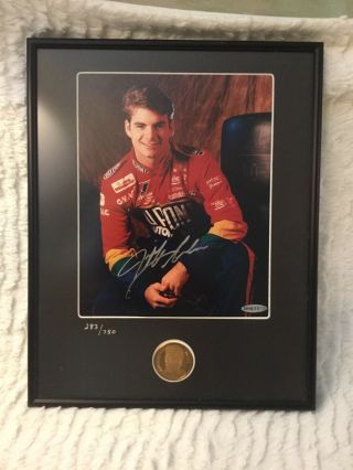 Framed Nascar Jeff Gordon 24 Signed Photo And Golden Coin With