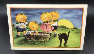 Vintage Whitney Made Halloween Postcard Children Pumpkin Black Cat Embossed