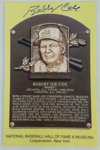 Bobby Cox Signed Hall Of Fame Plaque Baseball Postcard (jsa Witness)
