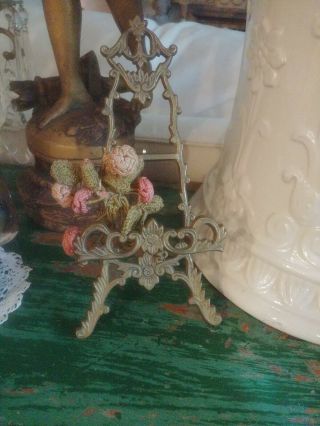 Vintage Ornate Floral Design Brass Table Easel Plate Picture Display Stand Italy