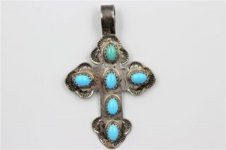 Vintage Navajo Sterling Silver Turquoise Cross Old Dead Pawn Pendant