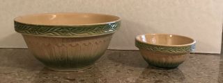 Vintage Set Of 2 Stoneware Mixing Bowls Green & Beige