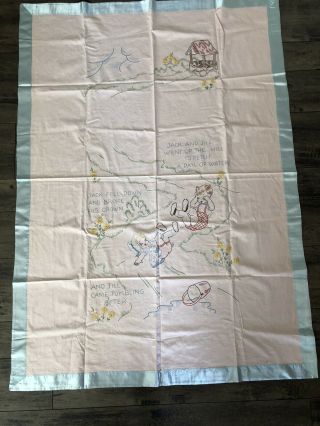 Vtg Jack And Jill Quilted Baby Blanket Coverlet,  Wall Hanging Pink Blue 2